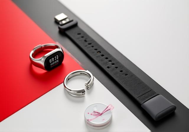 Verschiedene moderne Wearables auf einer geometrischen Oberfläche angeordnet